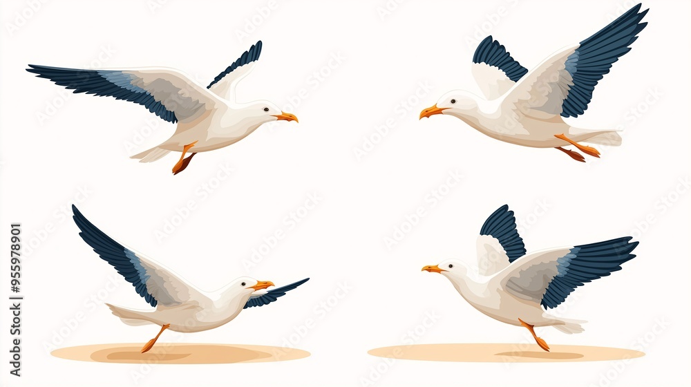 Obraz premium Coastal Majesty: A quartet of seagulls gracefully navigate the sky and shore. 