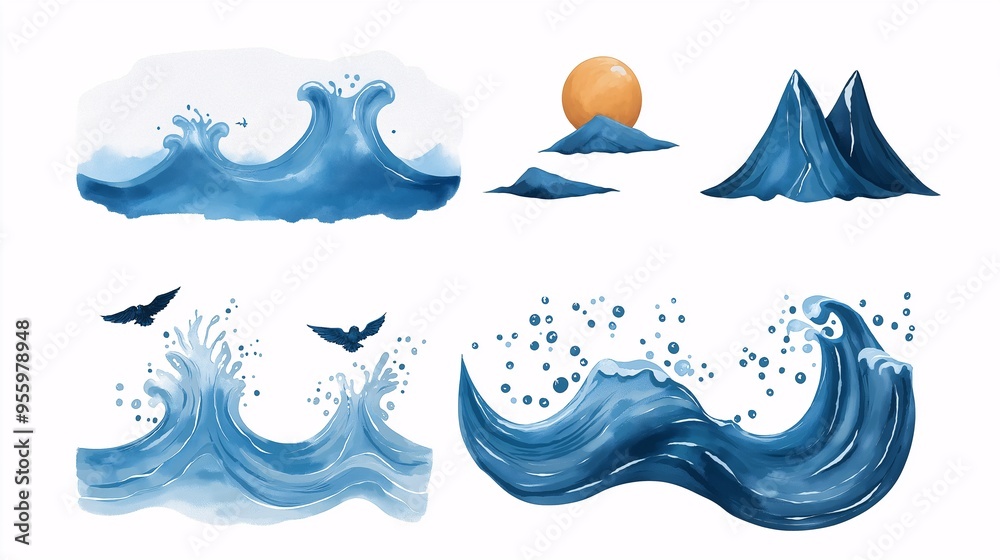 The Roaring Sea: A collection of stylized ocean waves, crashing and cresting, with serene mountains and a setting sun, perfect for evoking a sense of power and tranquility. The Roaring Sea: A collection of stylized ocean waves, crashing and cresting, with serene mountains and a setting sun, perfect for evoking a sense of power and tranquility.