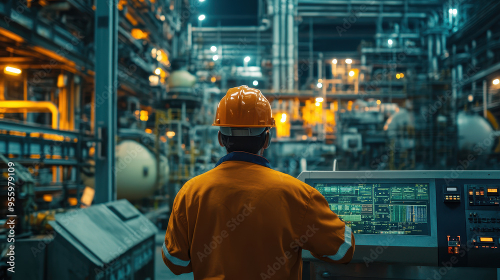A worker in an orange uniform and hard hat monitors control panel in an industrial setting, surrounded by machinery and illuminated by warm lights. A worker in an orange uniform and hard hat monitors control panel in an industrial setting, surrounded by machinery and illuminated by warm lights.