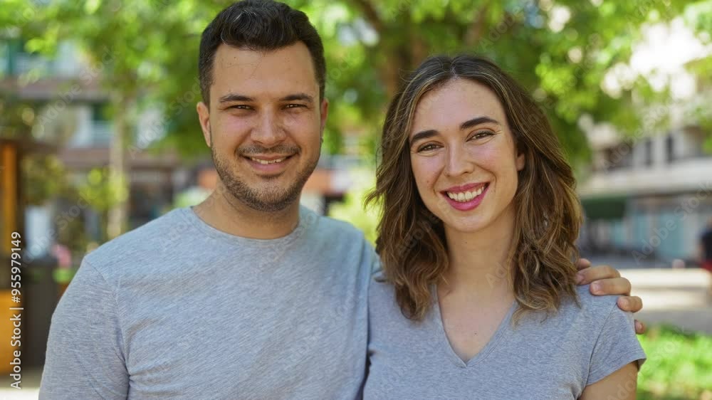 Couple embracing outdoors with man and woman smiling in an urban park setting highlighting their relationship and surroundings in the city on a sunny day Couple embracing outdoors with man and woman smiling in an urban park setting highlighting their relationship and surroundings in the city on a sunny day