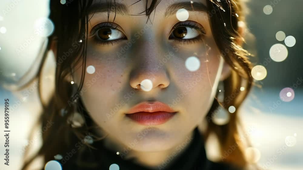 Captivating close-up of a young woman in natural light surrounded by gentle bokeh, showcasing expressions at sunset