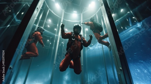 Skydivers in indoor wind tunnel, free fall simulator 