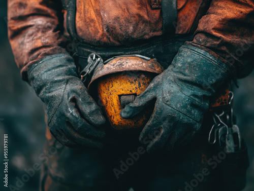 A miner double checking their safety gear, wearing worn orange suit and gloves, holding yellow helmet. image conveys sense of diligence and responsibility.