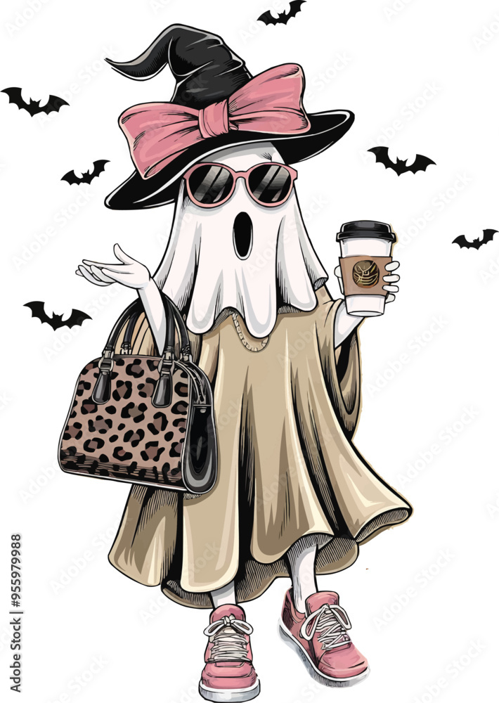 Obraz premium Cute Funny Ghost Png Cute Halloween Png Halloween Fall Cute Ghost & Coffee Png