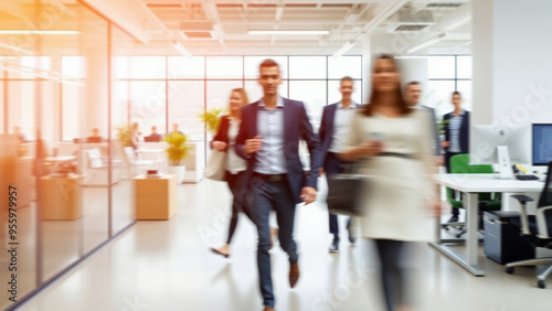 Business Professionals with Motion Blur Walking in Modern Open-Plan Office