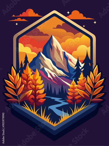 Mountain Range with Forest and River at Sunset
