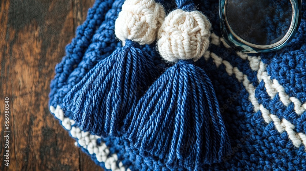 Fototapeta premium Vibrant Crochet Glasses Case with Large Deep Blue and White Tassels: A Playful Addition to Your Accessory Collection Perfect for Sporty Interiors and Eye-Catching Decor!