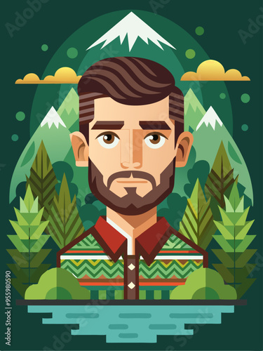 Bearded Man in Nature with Mountains and a River