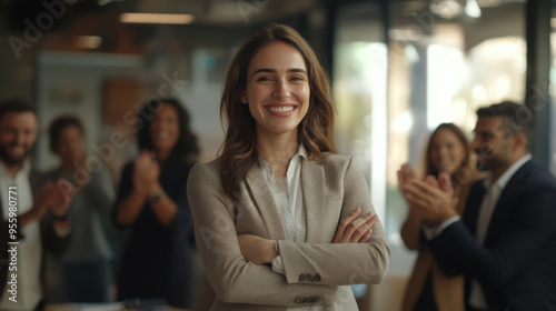 Business woman standing and smiling happily with group of diverse professionals