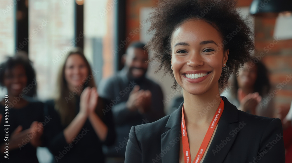 Business woman standing and smiling happily with group of diverse professionals Business woman standing and smiling happily with group of diverse professionals