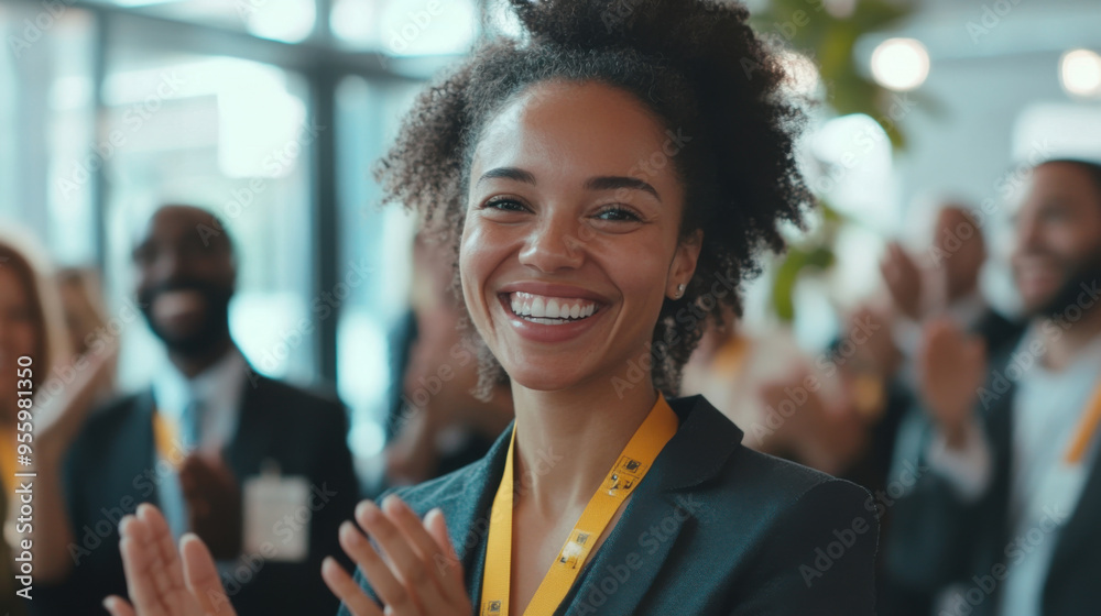 Business woman standing and smiling happily with group of diverse professionals Business woman standing and smiling happily with group of diverse professionals