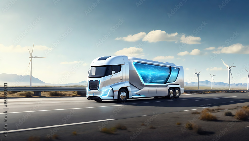A futuristic hydrogen-powered truck driving across a highway, representing the future of clean energy and sustainable logistics with copy space.
A futuristic hydrogen-powered truck driving across a highway, representing the future of clean energy and sustainable logistics with copy space.