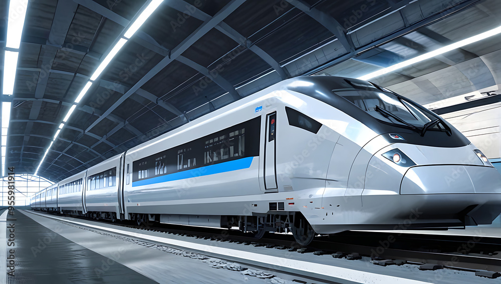 Naklejka premium A high-speed magnetic levitation train zooming through a futuristic tunnel, representing efficient and sustainable public transportation with copy space.