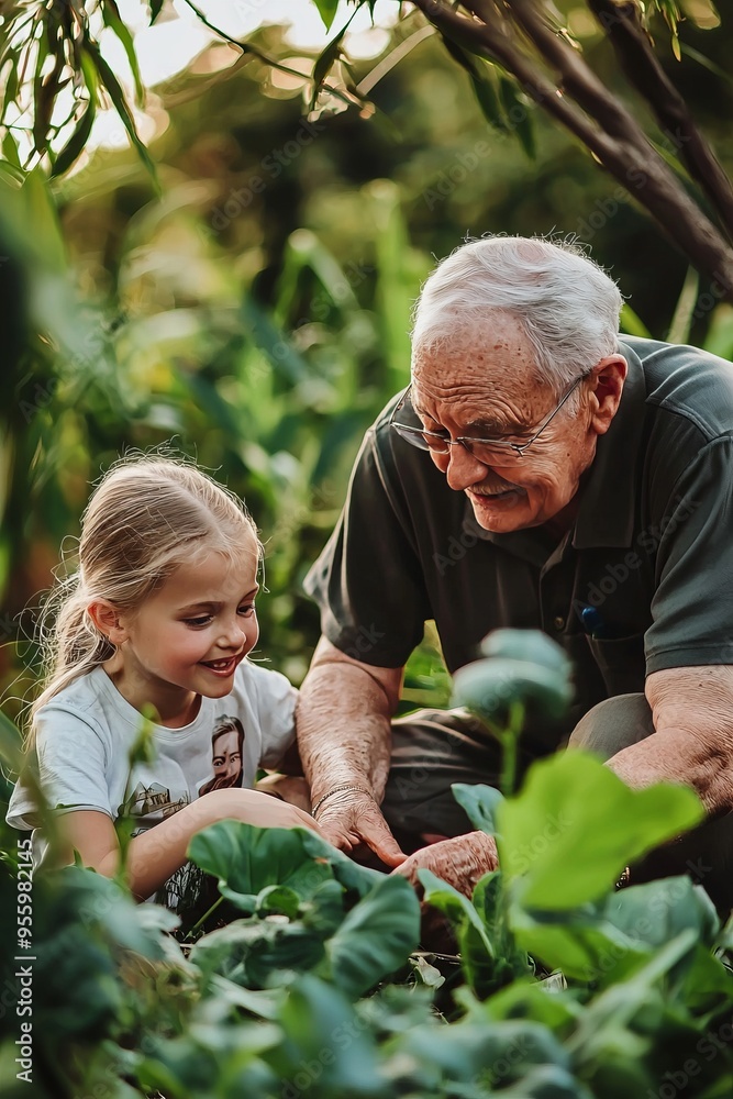 Fototapeta premium A grandparent sharing life lessons with grandchildren in a peaceful garden. Outdoor setting with family photos