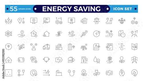Energy Saving outline icon set with conservation, reduce waste, consumption, management, efficiency, gas emission and green house. Eco related icons. Editable stroke outline icon. 