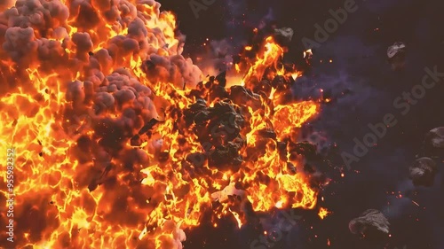 A powerful explosion with fire and debris flying through the air.