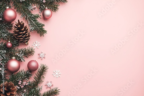 Pink background with white snowflakes, pink Christmas ornaments