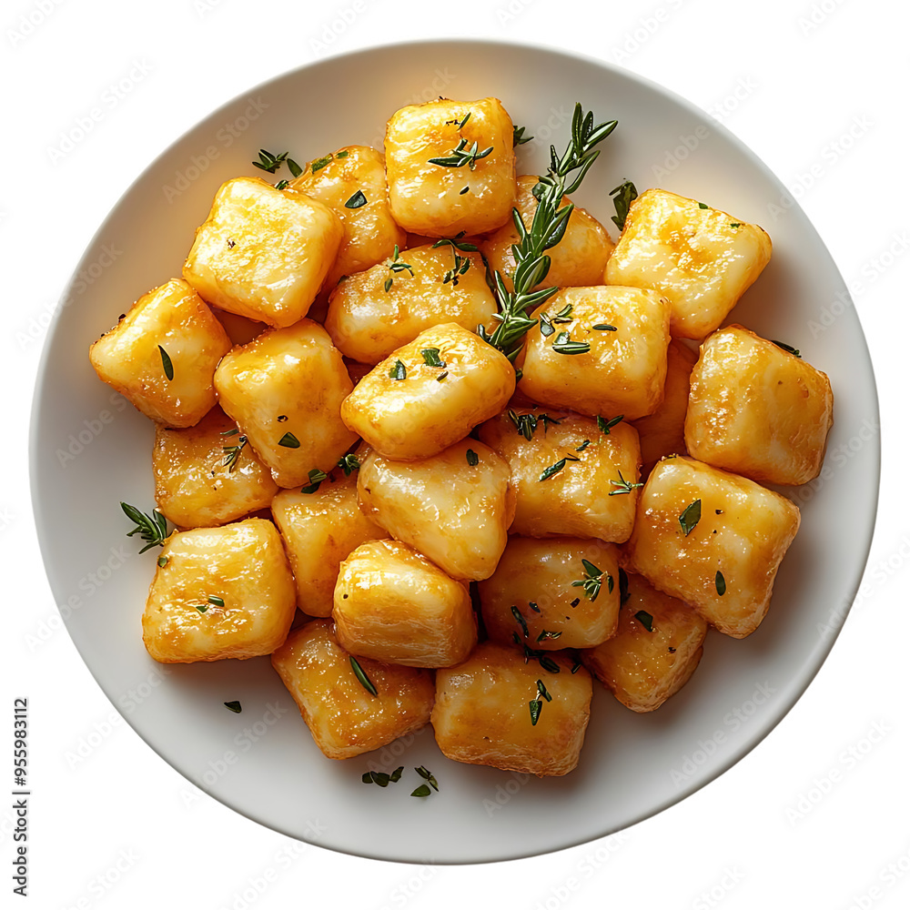 Crispy Golden Brown Gnocchi with Fresh Thyme, Served on a White Plate with a Transparent Background Crispy Golden Brown Gnocchi with Fresh Thyme, Served on a White Plate with a Transparent Background