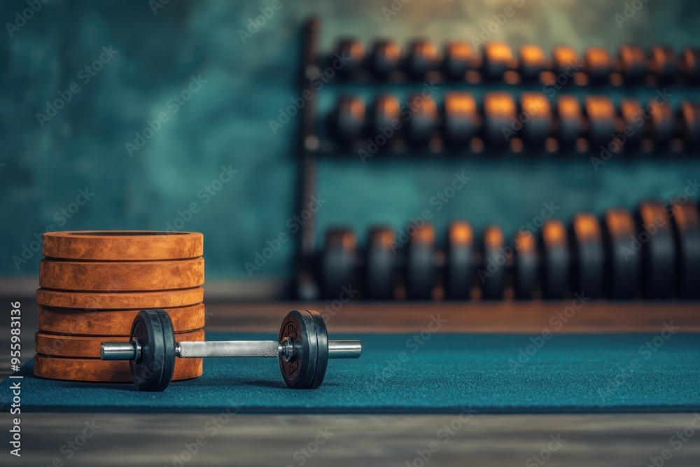 Naklejka premium A collection of weightlifting gear: dumbbells, a barbell, and a lifting belt, neatly arranged on a gym mat, with a rack of weights in the background