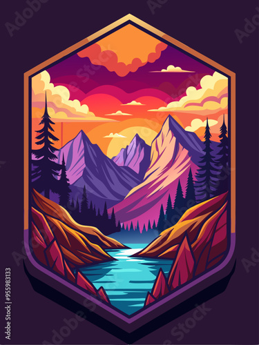 Mountain Range Landscape with River and Sunset