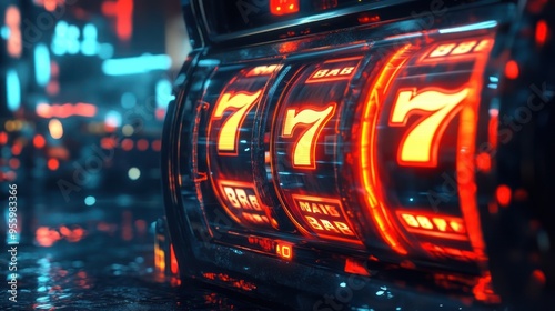 Close-up of Illuminated Slot Machine with Triple Seven in Neon Lights photo