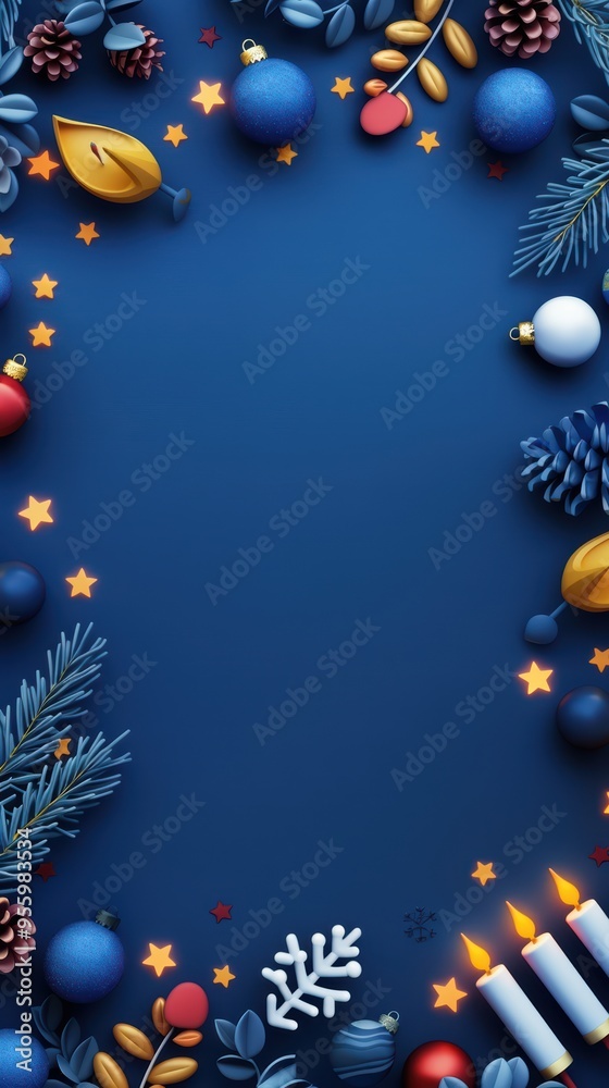 Festive Christmas Frame with Ornaments, Pine Cones, and Candles on Blue Background Festive Christmas Frame with Ornaments, Pine Cones, and Candles on Blue Background