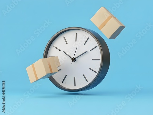 A clock and delivery boxes on a bright blue background, representing time management and logistics in commerce. photo