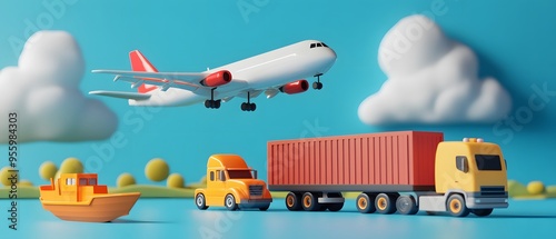 A colorful scene featuring toy vehicles including an airplane, truck, cargo container, and boat, set against a playful backdrop.