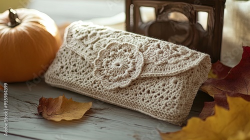 Elevate Your Autumn Wardrobe: Crochet a Cozy Beige Clutch with Delicate Lace Pattern for Stylish Elegance - Perfect for Fashion Posters and Interiors!