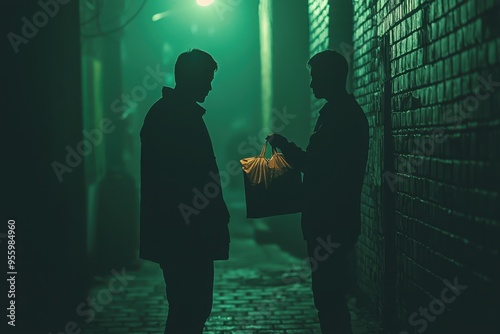 A dark alley with a person discreetly exchanging a bag for cash, capturing the essence of illegal deals or black market activities.