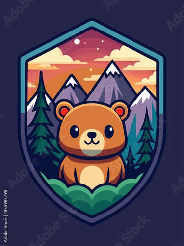 Cute Cartoon Bear in Mountain Landscape Sunset