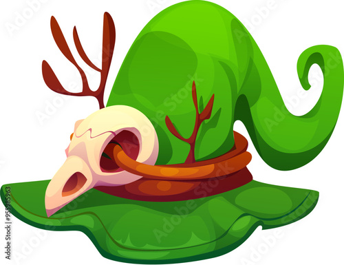 Cartoon Halloween witch hat for horror night holiday, vector icon. Halloween green witch hat with skull buckle of raven or crow and tree twigs for wizard sorcerer or hex magician headwear