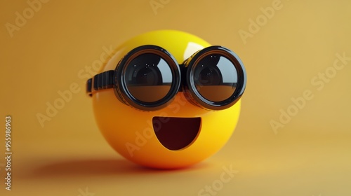 A cheerful 3D emoji icon joyfully exploring the world with binoculars against a vibrant orange background