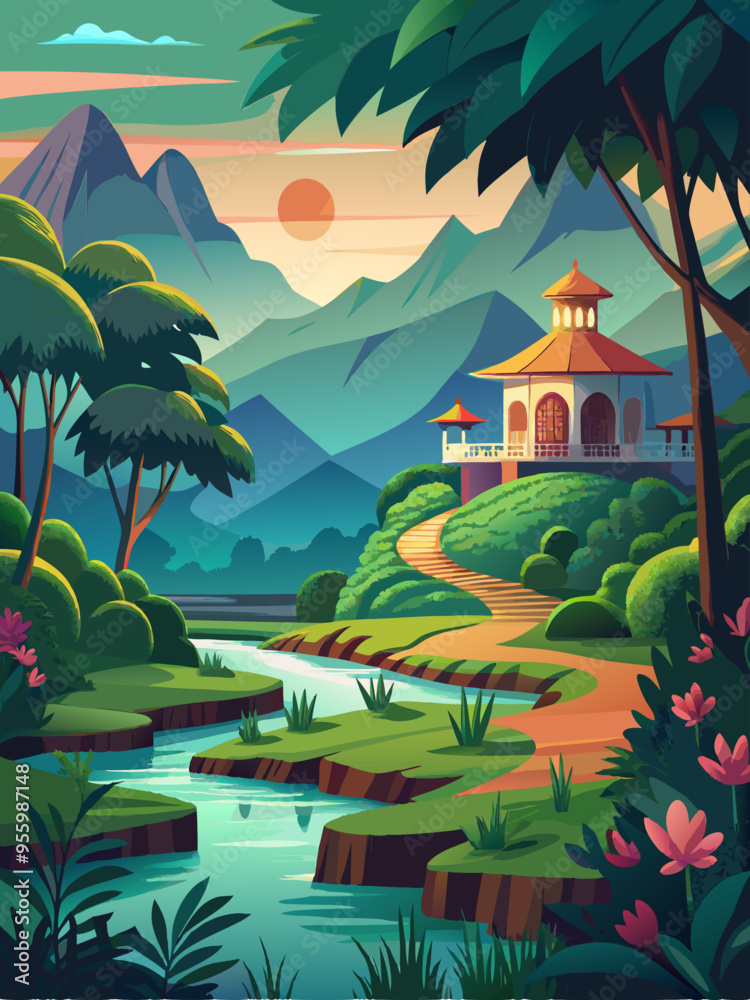 Serene Mountaintop Retreat with a Winding River and Lush Vegetation Serene Mountaintop Retreat with a Winding River and Lush Vegetation