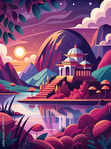 A Majestic Temple on a Mountainside at Sunset