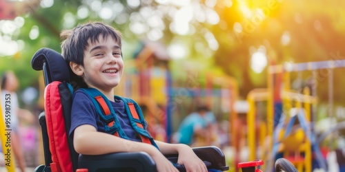 Wallpaper Mural A young child with Cerebral Palsy in a colorful playground. The child is in a wheelchair with custom supports Torontodigital.ca