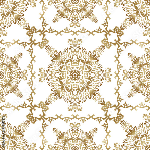 Classic Damask gold seamless pattern, Vintage design, element style, flower ornament, Luxury Ornamental lace tracery, wallpaper, Traditional background, Vector Illustration for Elegant Textile Design