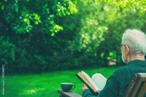 A senior person relaxing in a garden, reading a book with a cup of tea nearby, highlighting the peace and leisure of retirement life. 