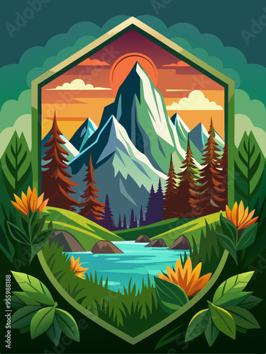 Mountainous Landscape with River and Sunset