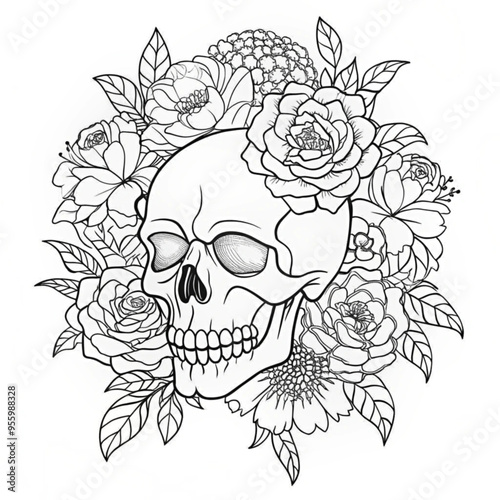 Wallpaper Mural Intricate Skull and Floral Design for Coloring Books and Print-on-Demand T-Shirts Torontodigital.ca