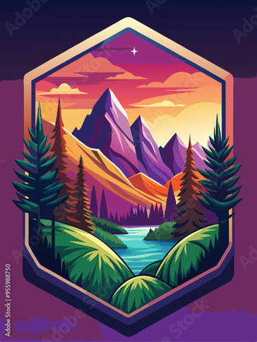 Sunset Mountain Landscape with a River and Trees