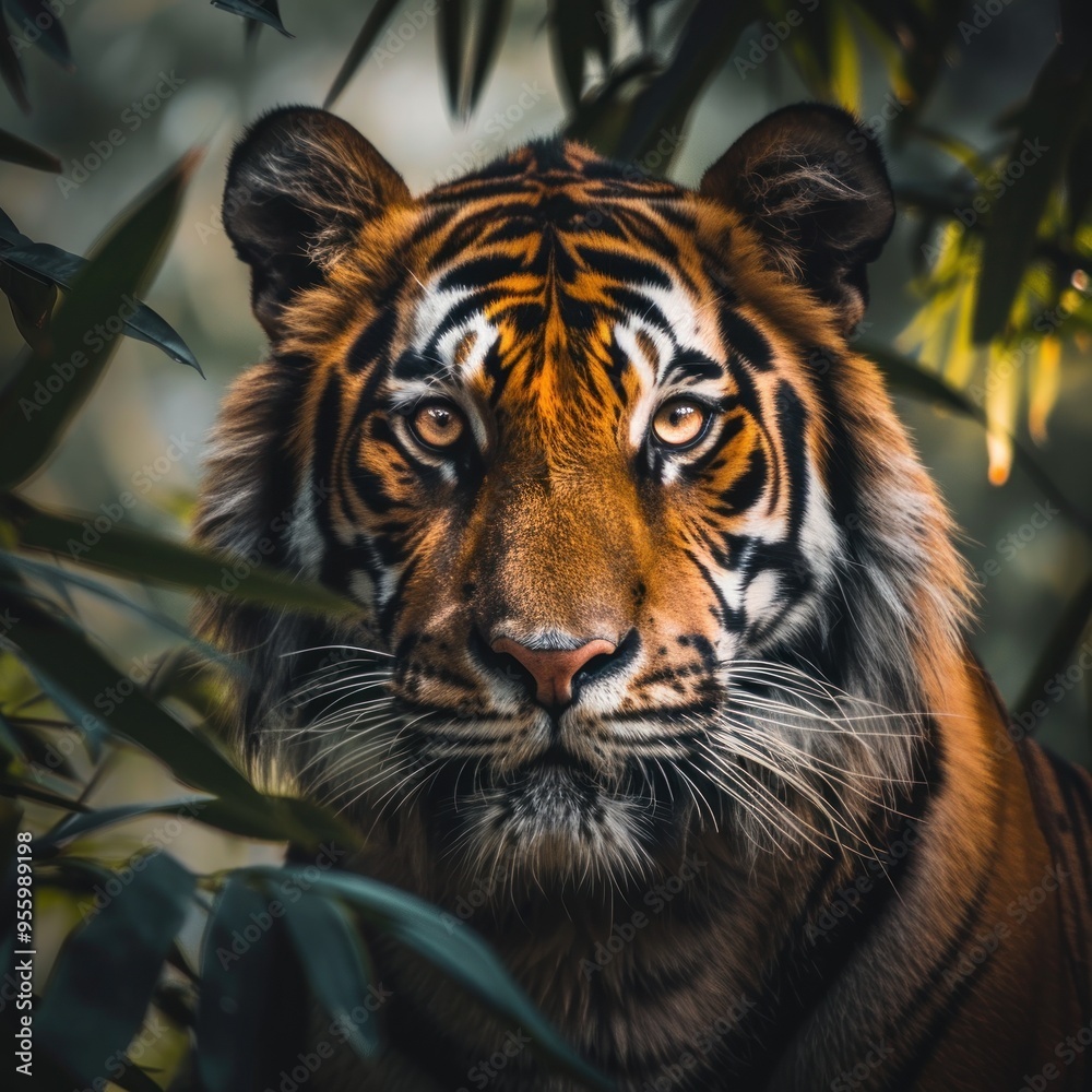 Naklejka premium A majestic tiger gazes intensely through the jungle, sunlight illuminating its striking fur and captivating stripes in vivid detail
