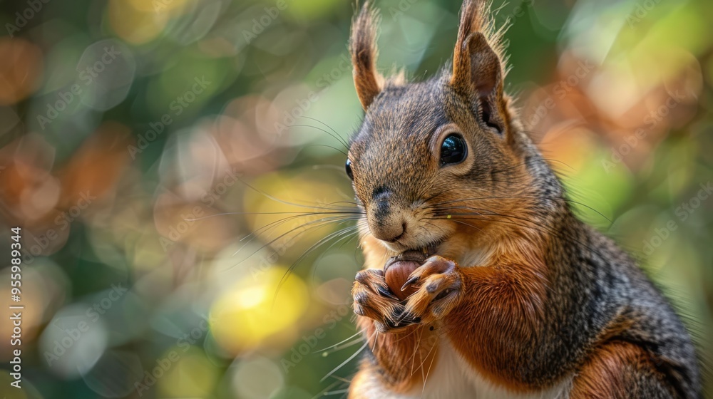 A curious squirrel enjoys an acorn while surrounded by lush green foliage in nature's paradise A curious squirrel enjoys an acorn while surrounded by lush green foliage in nature's paradise