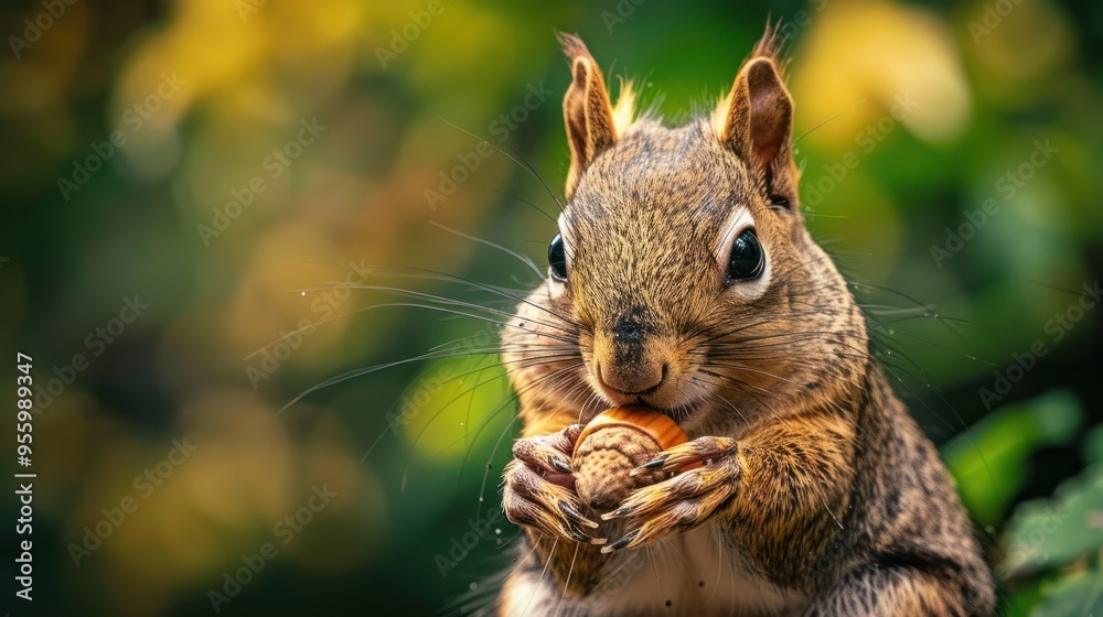 Obraz premium A curious squirrel enjoys an acorn while surrounded by lush green foliage in nature's paradise