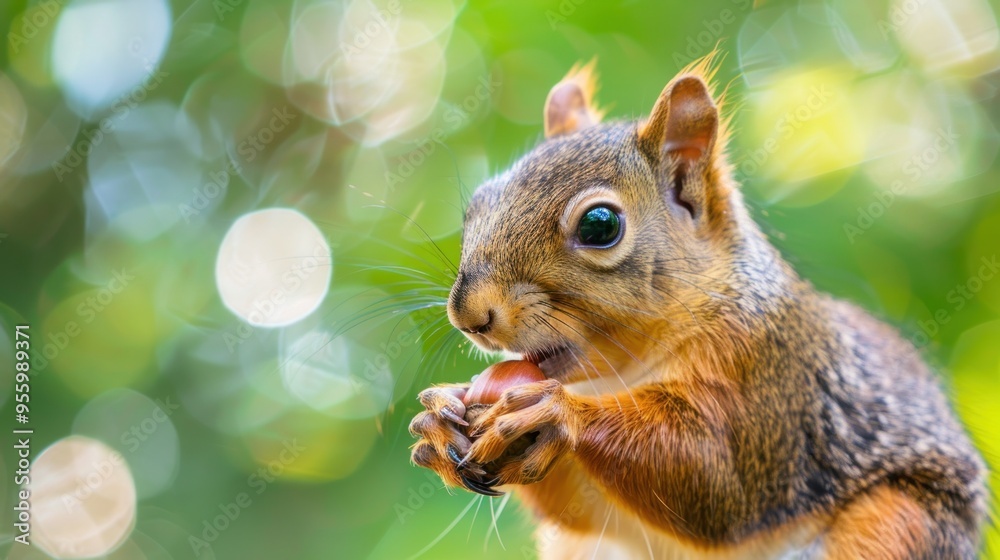 A curious squirrel enjoys an acorn while surrounded by lush green foliage in nature's paradise A curious squirrel enjoys an acorn while surrounded by lush green foliage in nature's paradise