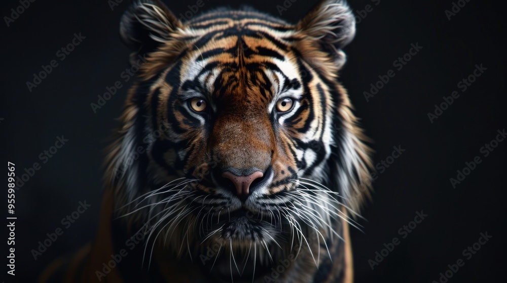 Majestic tiger gazes intensely in dramatic low-key lighting against a dark backdrop Majestic tiger gazes intensely in dramatic low-key lighting against a dark backdrop