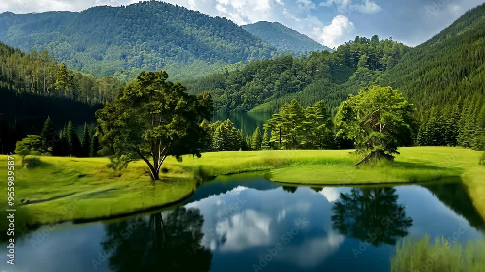 Exploring the serene landscape of a tranquil lake surrounded by mountains and lush greenery in early morning light Exploring the serene landscape of a tranquil lake surrounded by mountains and lush greenery in early morning light