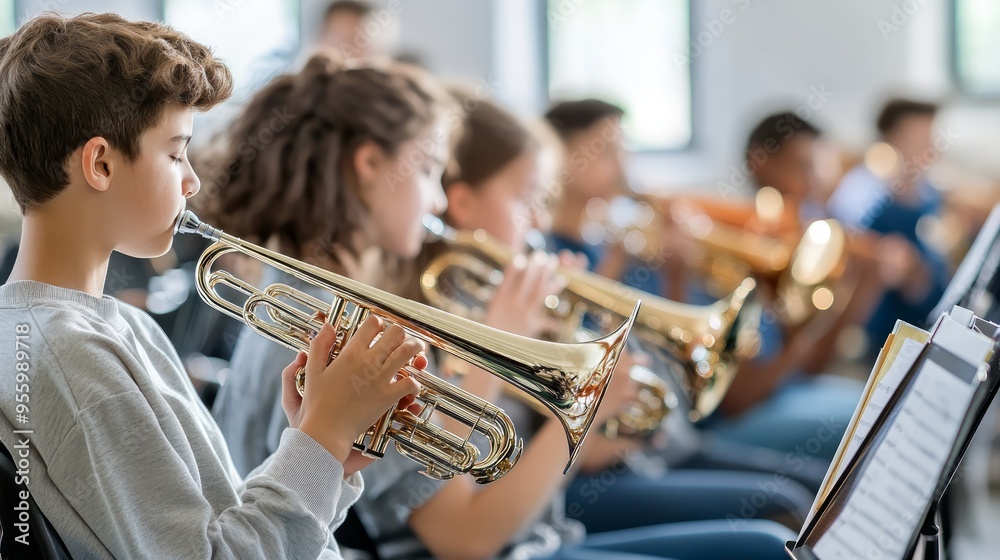 Obraz premium Selective focus shot of modern middle school band practicing music in classroom, copy space.,