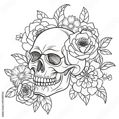 Wallpaper Mural Intricate Skull and Floral Design for Coloring Books and Print-on-Demand T-Shirts Torontodigital.ca