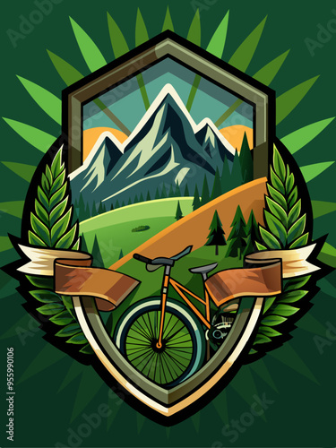 Mountain Biking Emblem with Shield and Laurel Wreath